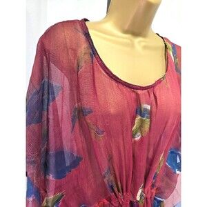 NWT Boho Floral Oversized Red Tassel Tie Sheer Top OS Fairy Ethereal Watercolor